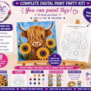 Op de afbeelding: Een complete digitale verfparty-set met een schilderij van een hooglandrund en zonnebloemen op een houten ezel, inclusief een overtrekbare schets. Bevat tekst: COMPLETE DIGITAL PAINT PARTY KIT, You can paint this, Sunny Highland Cow, PAC Paint Kits.