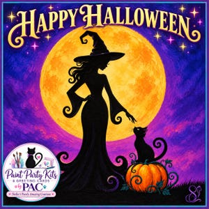 May include: A square graphic featuring the text HAPPY HALLOWEEN in yellow letters against a purple sky with a large yellow moon. A black silhouette of a witch in a pointed hat stands beside a black cat sitting on an orange pumpkin.