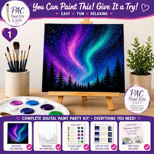 Può includere: Un kit di pittura digitale con una tela su cavalletto in legno che mostra un'aurora boreale sopra una foresta. Include una tavolozza, pennelli in un portapennelli e guide didattiche con il testo PAC Paint Kits.