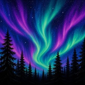 May include: A vibrant digital illustration of the aurora borealis featuring swirling ribbons of bright teal and magenta light against a dark blue starry night sky, set above the dark, silhouetted outlines of a dense coniferous forest.