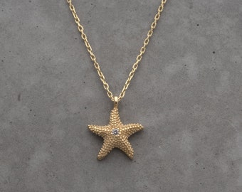15mm x 15mm with 18 Rolo Chain 14k Yellow Gold Starfish Charm Pendant 