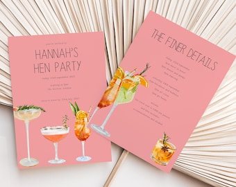 Cocktail Hen Do Invite, Pink digital hen party, Margrita bridal shower invitation, Hen Do itinerary, personalised, Editable, Template