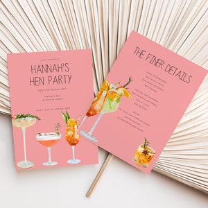 Cocktail Hen Do Invite, Pink digital hen party, Margrita bridal shower invitation, Hen Do itinerary, personalised, Editable, Template image 1