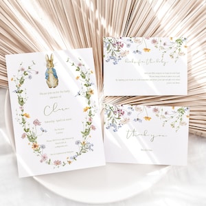 Peter Rabbit Floral Baby Shower Invitation Template Bundle, Gender Neutral Baby Rabbit Invite, Printable Shower Invite, Editable