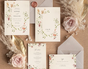 May include: Wedding invitation suite with floral designs. The main invitation features the names "Sophie & William" and the date "Saturday, 12th November 2023". The RSVP card says "Please kindly reply by Friday 1st July 2023".