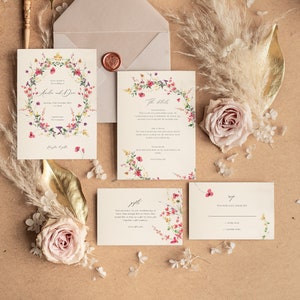 Wildflower Wedding Invitation, Floral Wedding Invite, Spring Flower Wedding Suite, Watercolour Flower, Digital Template, Editable, 013