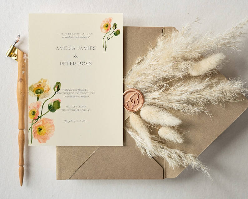 Poppy Wedding Invitation, Floral Wedding Invite, Spring Flower, Save the Date, Wedding Suite, Digital Template, Instant Download, SMS image 6