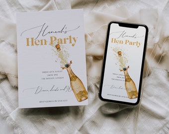 Gold Hen Do Invite, Prosecco Hen Party Invite, Champagne Bridal Shower Invite, Digital Invitation, Template, Mobile Hen Do Invite, SMS, Gold