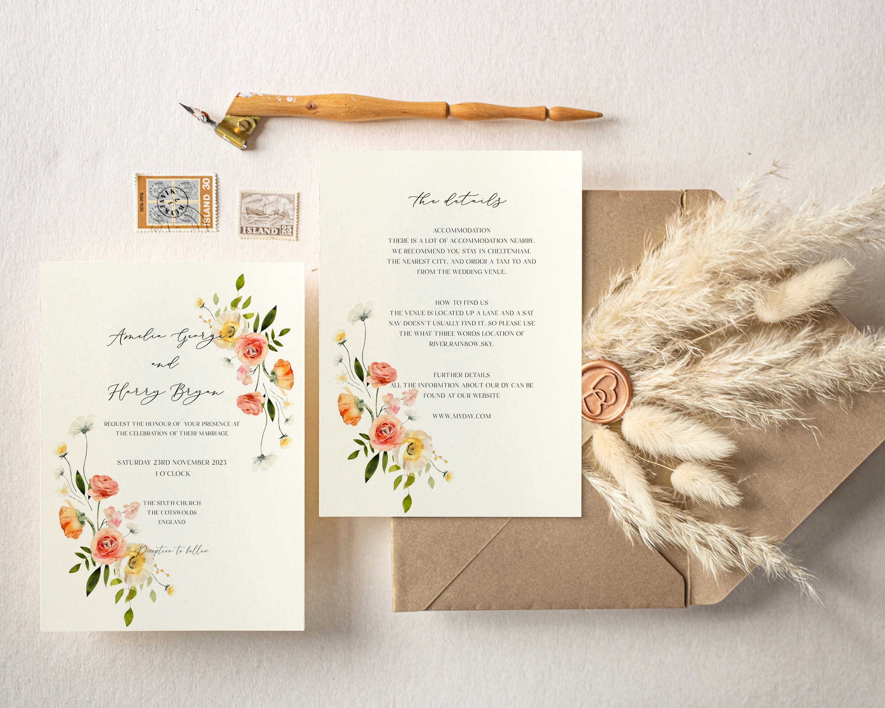 Peach Watercolour Floral Wedding Invitation, Summer Flowers Wedding ...