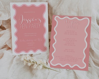 Wavy Hen Party Invite, Pink Hen Do Invitation, Bridal Shower Invite, Fun Invite, Pink Hen Do Invite, Digital Template, Mobile Hen Do Invite