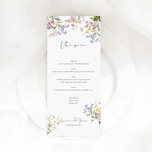Plantilla de menú floral editable para bodas: diseño floral primaveral HARLOW, descarga instantánea, menú de flores silvestres personalizable para bodas personalizadas.