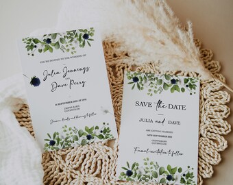 Floral, green foliage wedding invitation digital bundle