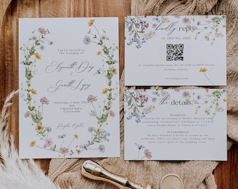 Wild Flower Digital Wedding Invitation, QR code RSVP, Garden Floral Wedding Suite Template, SMS Cell, Editable Download, Instant Download