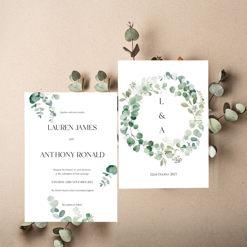 Eucalyptus Wedding Invite, Green Foliage Wedding Invitation Suite, Botanical, Wedding Invitation Bundle, Digital download, Editable Template image 3