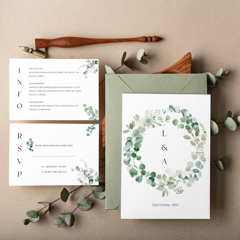 Eucalyptus Wedding Invite, Green Foliage Wedding Invitation Suite, Botanical, Wedding Invitation Bundle, Digital download, Editable Template image 1