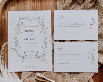 Spring Wild Flower Wedding Invitation, Garden Floral Wedding Suite Template, Floral editable wedding invite, Instant Download, 024