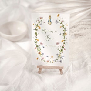 Signo de mesa de Peter Rabbit, plantilla de baby shower de Peter Rabbit, conejito, invitación de conejo bebé de género neutro, plantilla imprimible, editable, digital