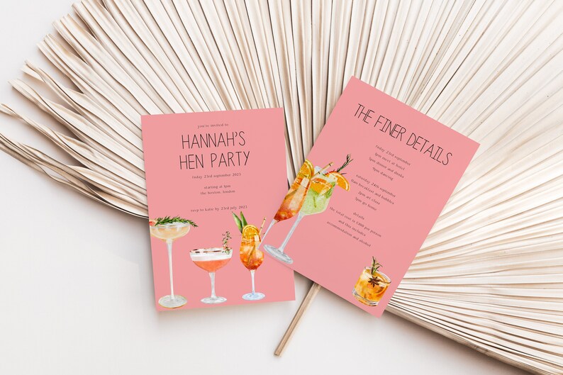 Cocktail Hen Do Invite, Pink digital hen party, Margrita bridal shower invitation, Hen Do itinerary, personalised, Editable, Template image 1
