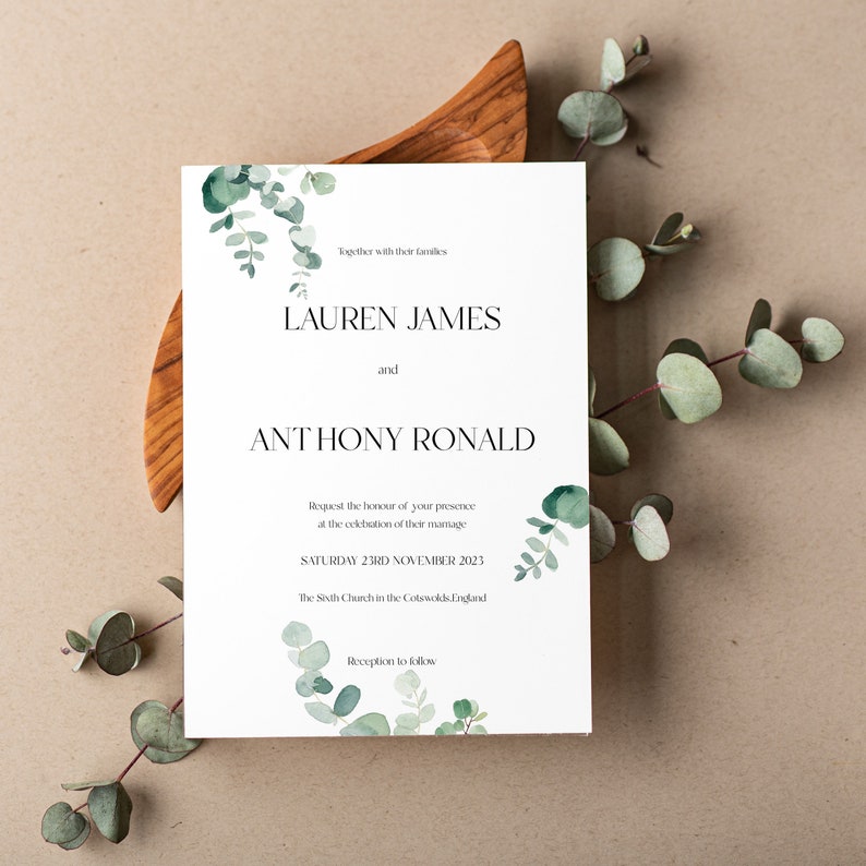 Eucalyptus Wedding Invite, Green Foliage Wedding Invitation Suite, Botanical, Wedding Invitation Bundle, Digital download, Editable Template image 2