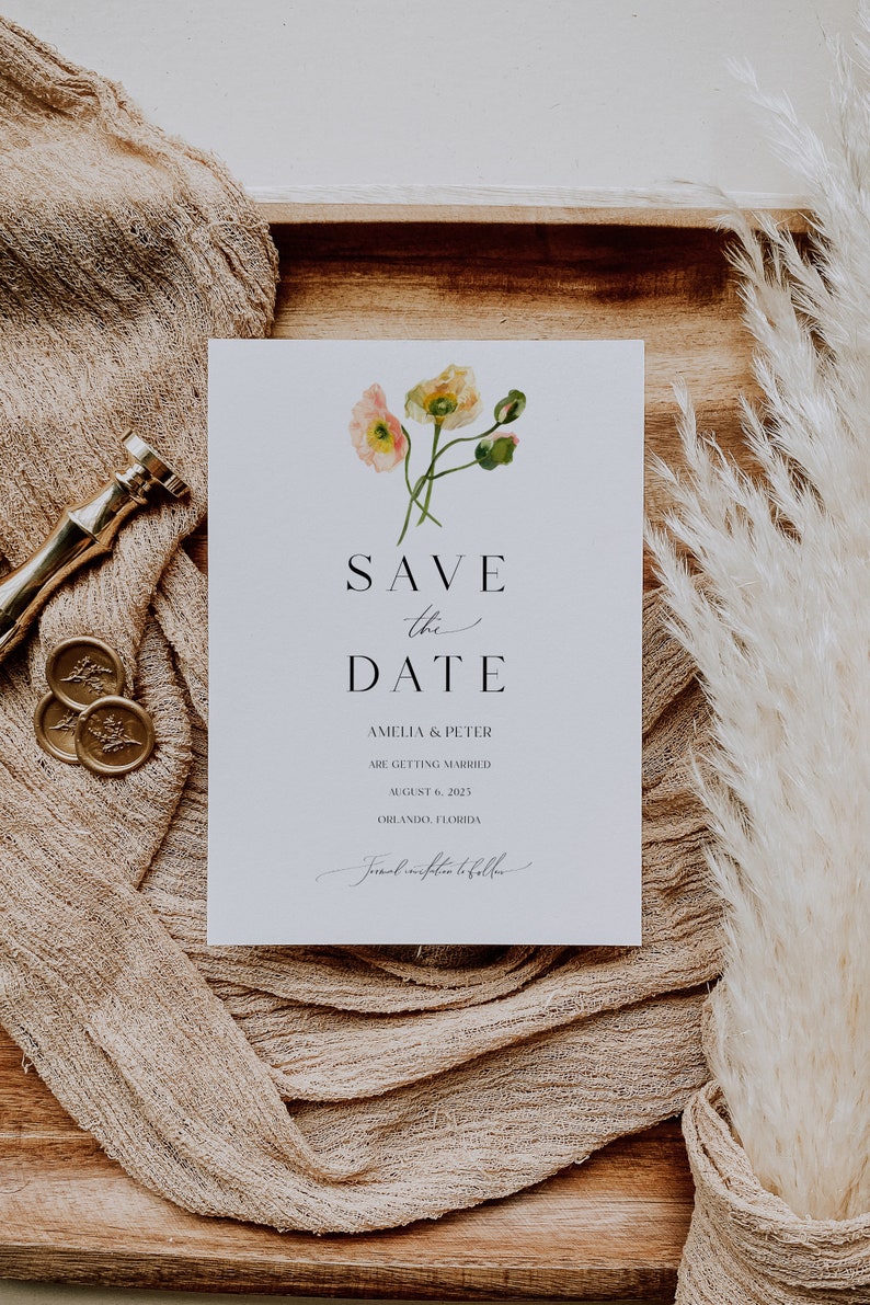 Save the Date Template, Poppy Save the Date Download, Electronic save the date, Floral save the date evite, printable save the date image 1