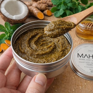 Pasta detergente orale alle erbe / Dentifricio naturale / Olio di cocco, curcuma, miele grezzo e argilla bentonitica / Cura della bocca alla menta fresca