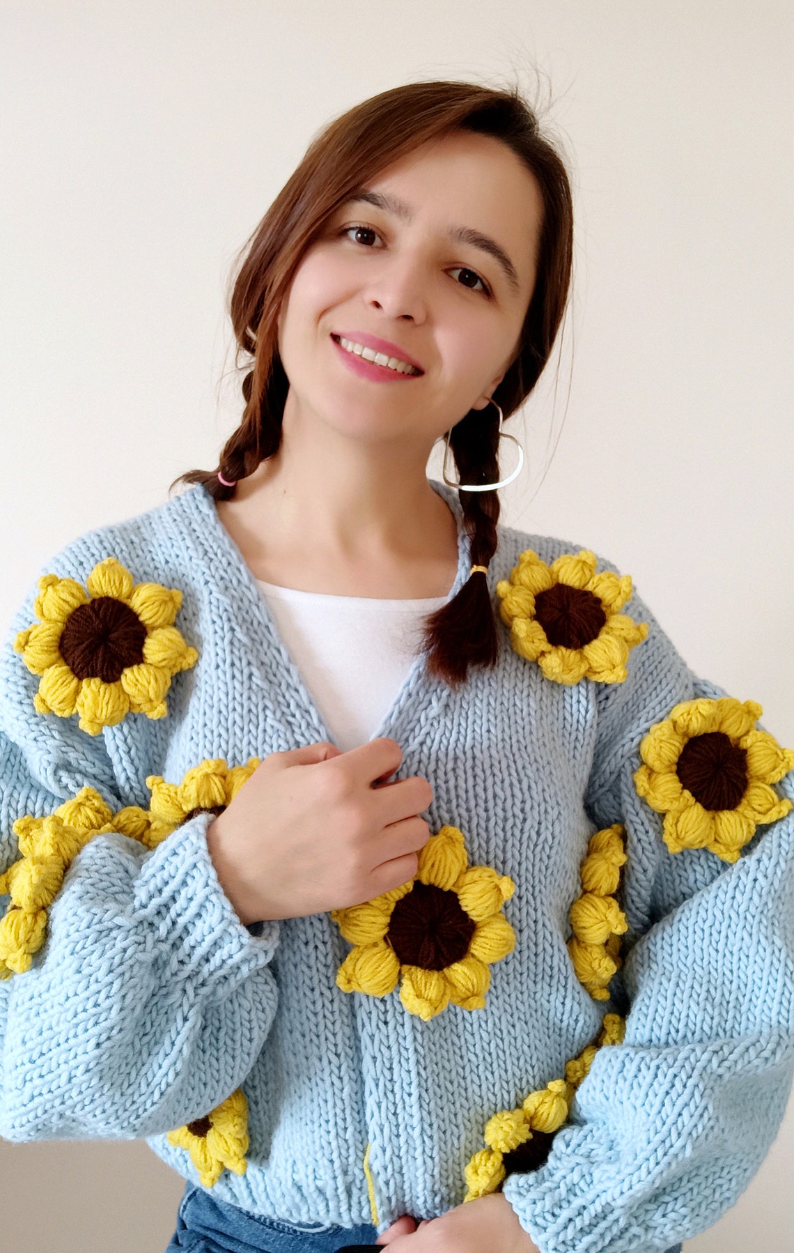 Chunky Cropped Floral Cardigan, Oversize Flower Knitted Sweater, Cozy