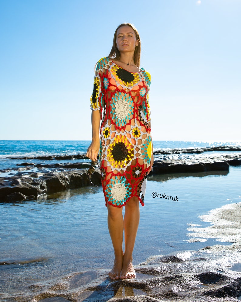 Granny Square Crochet Festival Boho Dress, Handknit Below the knee dress, Rainbow Beach Cover Up, Crochet Tunic Hippie Summer Dress image 5