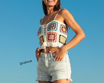 Granny Square Crochet Crop Top, Handmade Vintage Festival Top, 70s Style summer top tank, Boho style colorful hippie tank top for summer