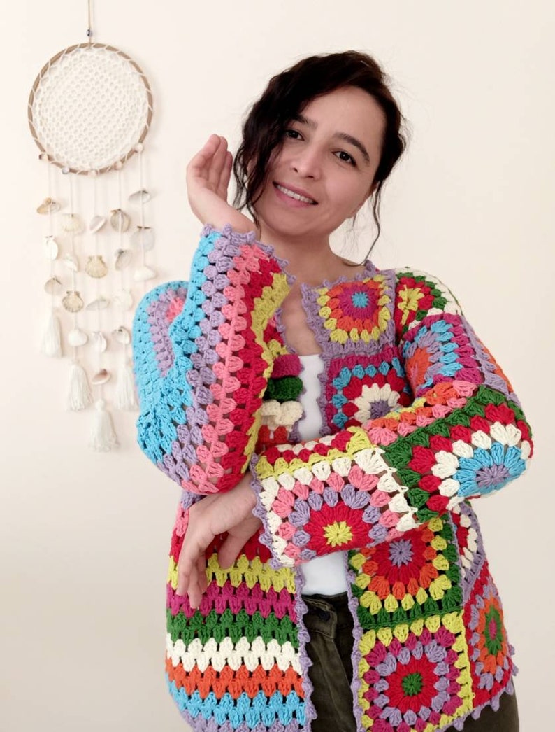 Boho style crochet cardigan sweater, Colorful patchwork cardigan, Vintage sweater retro top women, Handmade Rainbow cardigan, crop sweater image 7