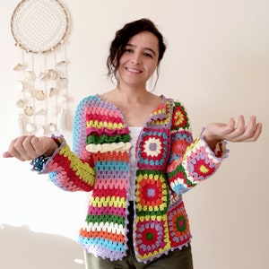Boho style crochet cardigan sweater, Colorful patchwork cardigan, Vintage sweater retro top women, Handmade Rainbow cardigan, crop sweater image 4