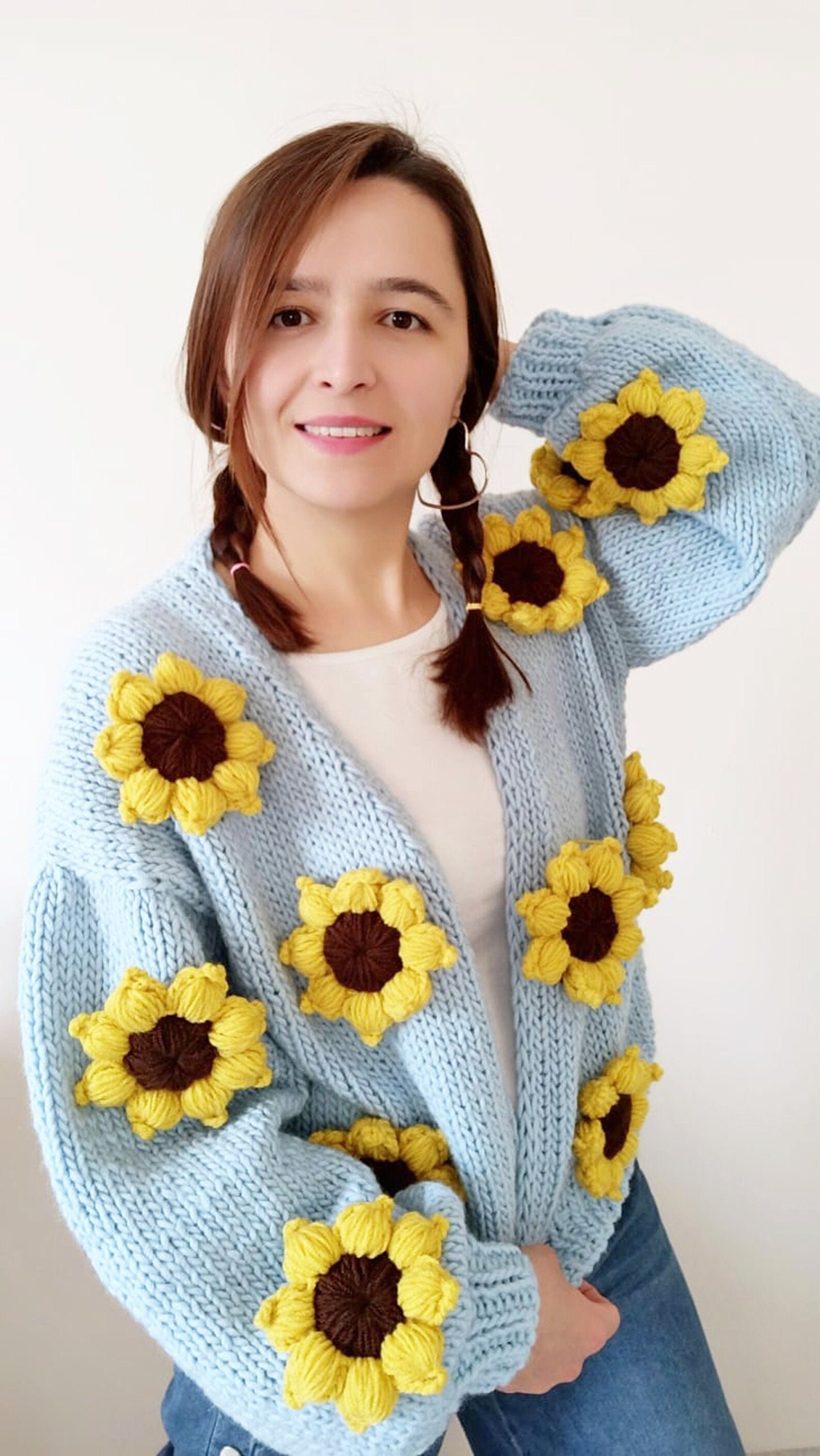 Chunky Cropped Floral Cardigan, Oversize Flower Knitted Sweater, Cozy