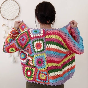 Boho style crochet cardigan sweater, Colorful patchwork cardigan, Vintage sweater retro top women, Handmade Rainbow cardigan, crop sweater image 5