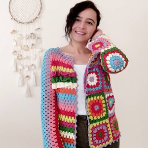 Boho style crochet cardigan sweater, Colorful patchwork cardigan, Vintage sweater retro top women, Handmade Rainbow cardigan, crop sweater image 2