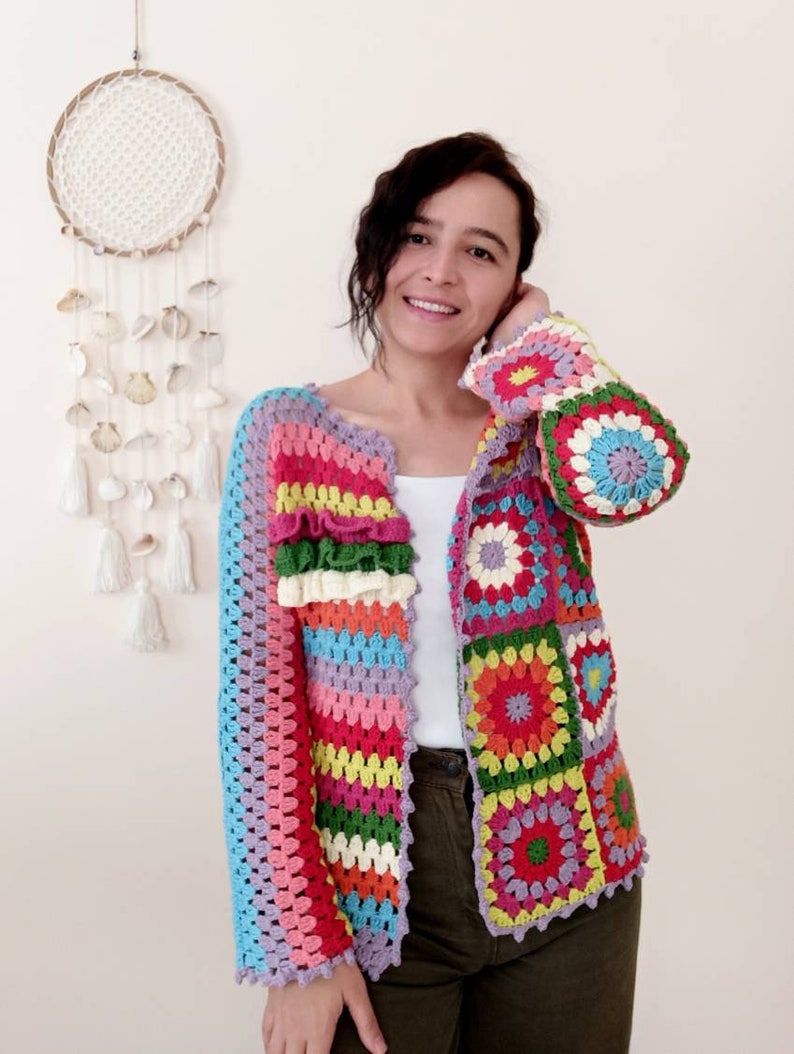 Boho style crochet cardigan sweater, Colorful patchwork cardigan, Vintage sweater retro top women, Handmade Rainbow cardigan, crop sweater image 2