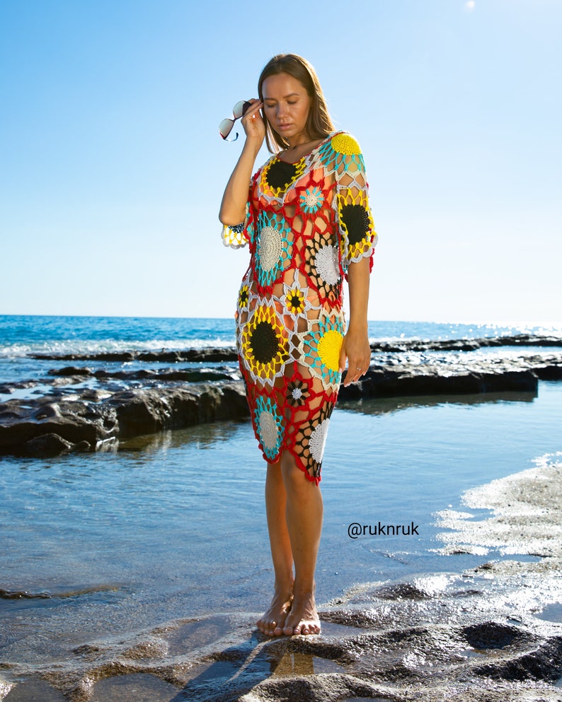 Granny Square Crochet Festival Boho Dress, Handknit Below the knee dress, Rainbow Beach Cover Up, Crochet Tunic Hippie Summer Dress image 4