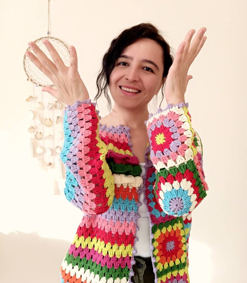 Boho style crochet cardigan sweater, Colorful patchwork cardigan, Vintage sweater retro top women, Handmade Rainbow cardigan, crop sweater image 9