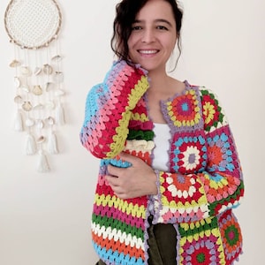 Boho style crochet cardigan sweater, Colorful patchwork cardigan, Vintage sweater retro top women, Handmade Rainbow cardigan, crop sweater image 1