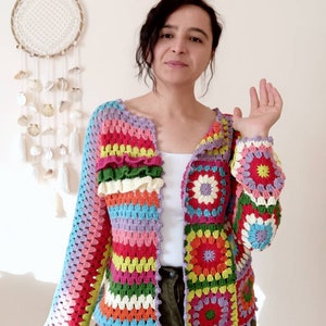 Boho style crochet cardigan sweater, Colorful patchwork cardigan, Vintage sweater retro top women, Handmade Rainbow cardigan, crop sweater image 3