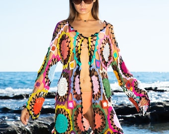 Summer Clothing beach dress women, Crochet beach cover up dress, Handmade summer top colorful beach party dress, Crochet top mini dress