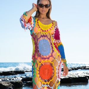 Crochet Beach Dress, Multicolor Crochet Beach Cover Up Dress, Handknit Swimsuit Cover Up, Handmade Summer Cover Up