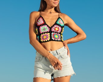 Granny Square Crochet Crop Top for women, Handmade Festival Tank Top, Colorful Crochet Halter Top, Boho Style Hippie Tank Top gift for her