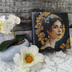 Vintage Lady Decoupage Storage Box, Antique Style Decorative Wooden Chest, Classic Woman Design Container Crate, Elegant Retro Paper Craft