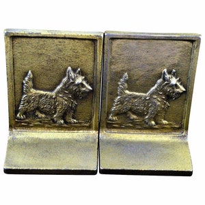ANTIEKE Boekenboeken BRADLEY & HUBBARD Gietijzeren Vergulde Goud Schotse Terriër Dog
