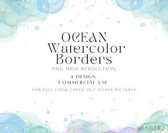 Teal Watercolor Border PNG, Gold Foil Frame Clipart (Digital Download)