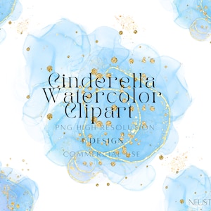 Blauwe en gouden aquarel splash clipart: digitale png-download