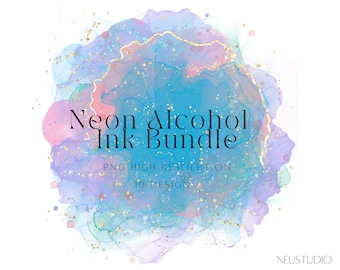 Alcohol Ink Clipart PNG Bundle, Neon Abstract Watercolor Splashes, Gold Glitter Overlay
