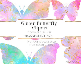 Watercolor Butterfly Clipart, Glitter Butterfly Clipart, Watercolor Clipart, Rainbow Butterfly Clipart, Iridescent Background, Glitter PNG