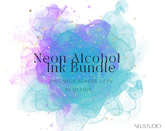 Colorful Alcohol Ink PNG Bundle, Abstract Fluid Ink Textures, Gold Dust Transparent Clipart