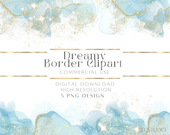 Pastel Alcohol Ink Border PNG, Gold Foil Frame Clipart (Digital Download)