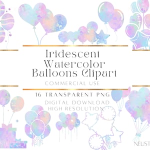 Holographic Clipart, Iridescent Watercolor Balloon Clipart, Birthday Clipart, Kids Clipart, Instant Download, Commercial Use PNG